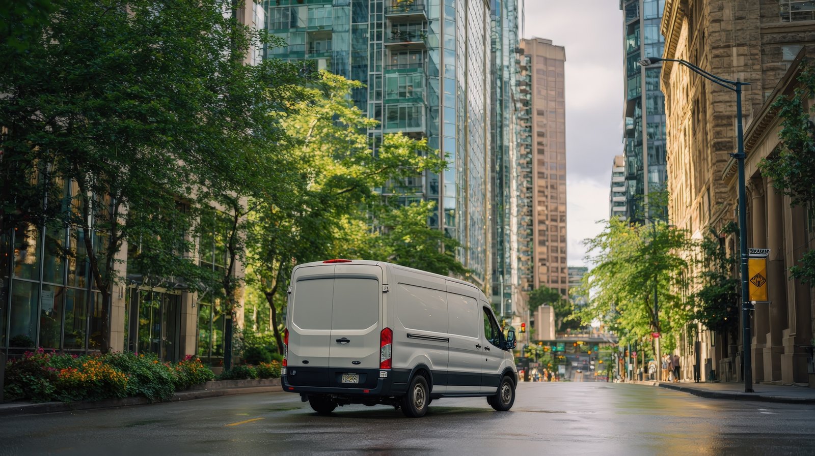 StarTrans Sprinter van driving on a Toronto city street for 14-passenger hire