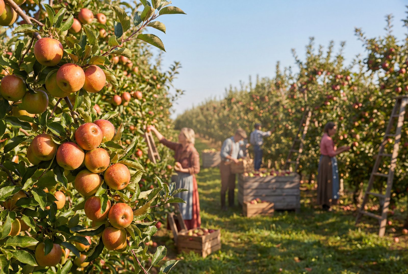Group returning to a StarTrans bus with apple baskets at an Ontario orchard in autumn