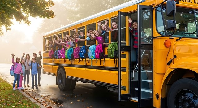 Happy kids waving goodbye at a school bus illustrating the benefits of school bus rentals for events
