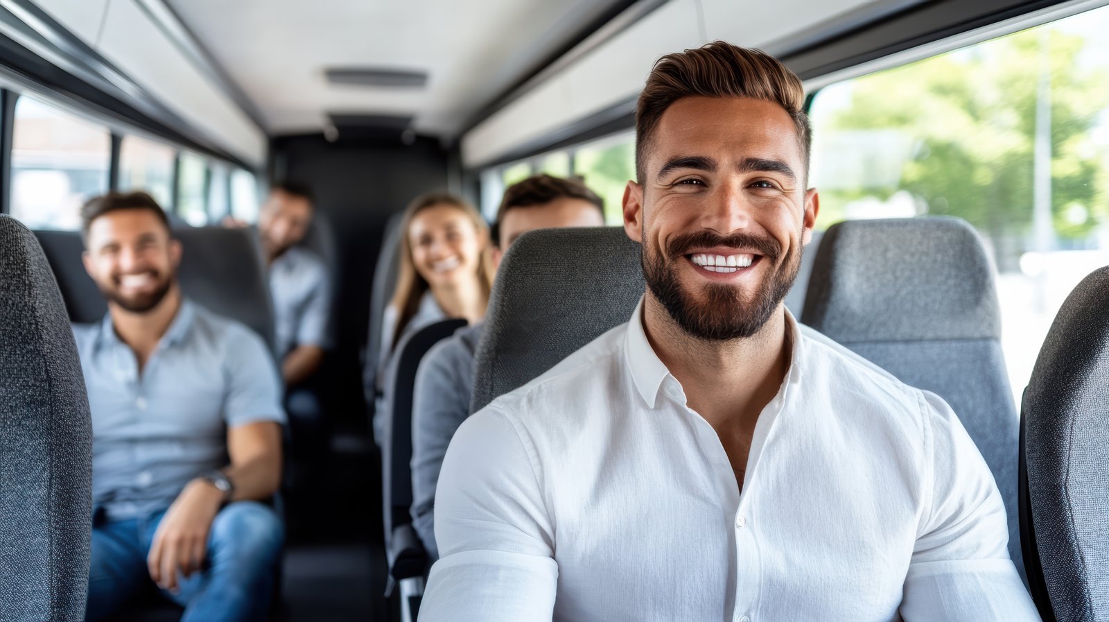 Cheerful passenger on a charter bus illustrating why groups choose charter buses for travel