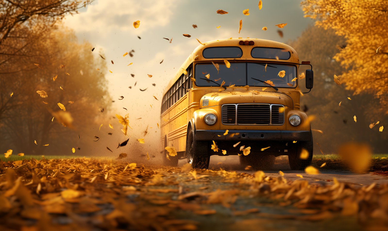 Yellow school bus on an autumn road representing hassle-free school bus rentals in Toronto